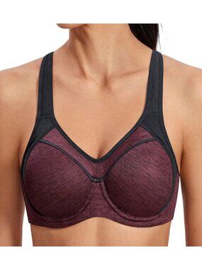 SYROKAN Women Dark Red Flower High Impact Racerback Underwire Sports Bra Size 34
